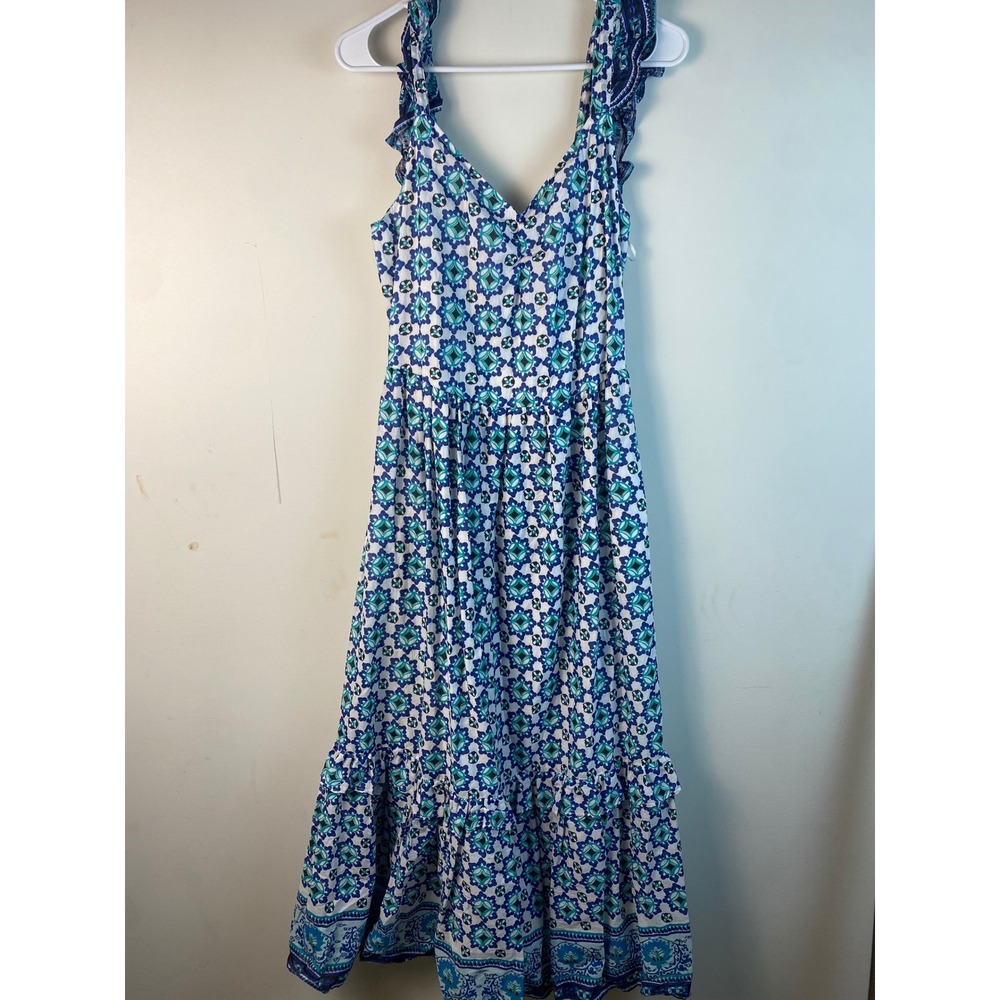 Lucky Brand‎ Blue Green Tile Print Cotton Maxi Dress Smocked Back NWT Size M